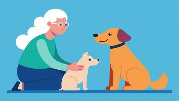 Pet Adoption Event An elderly individual with a hearing aid petting a dog at an adoption event while a happy volunteer assists with information about the animals.. vector