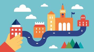Tactile Map An illustration of a raised tactile map featuring textured paths buildings and landmarks with a hand gently touching the map to explore.. vector