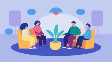 InPerson Meetup A cozy room with a circle of chairs occupied by four individuals with disabilities engaging in discussion with plants and soft lighting creating a welcoming. vector