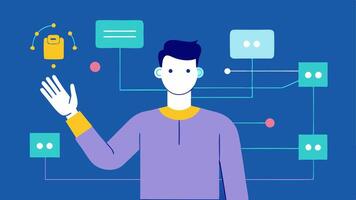 Gesture Recognition Interface A user making hand gestures towards a screen that responds accordingly. The hand movements are illustrated with motion lines showing how AI interprets. vector