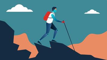 Walking on Uneven Terrain A person navigating a rocky path with the aid of a robust exoskeleton demonstrating stability and strength in challenging conditions.. vector