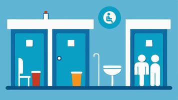 Public Restroom Facilities Clean wellmarked public restrooms equipped with accessible stalls and changing tables promoting sanitation and ease for all communities.. vector