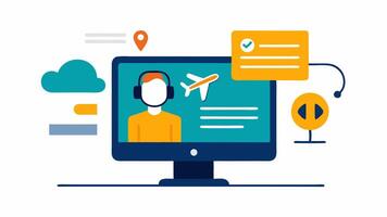 Visual and Auditory Aids Show a monitor displaying flight information with captions and a guide providing assistance to a traveler with hearing impairments.. vector