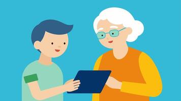 Tech Support An illustration of a family member teaching an elderly person how to use a tablet or smartphone symbolizing technology training and connectivity.. vector