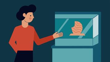Tactile Exhibit An open display case showcasing a 3D model of a historical artifact with raised lines and textures and a person lightly touching it with their fingers poised to. vector