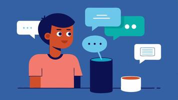 Voice Command Functionality A person with a hearing impairment using a smart speaker with speech bubbles showing voice commands being transformed into text on a screen highlighting. vector