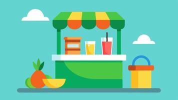 Refreshment Stand A welcoming stand offering healthy snacks and drinks with an emphasis on fresh colorful items designed with calming visual elements.. vector
