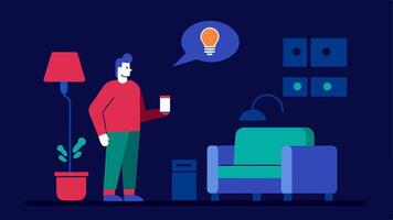 Smart Lighting Control A person is sitting comfortably in a living room speaking to a voice assistant to dim the lights. A light bulb icon dims in response to their command.. vector