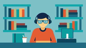 Quiet Study Room A quiet study room filled with bookshelves focused on a student with glasses working at a large table with noisecancelling headphones on.. vector