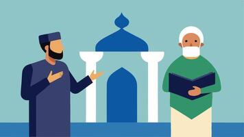 Sign Language Interpreter A mosque interior showing a sign language interpreter standing beside an imam during a service making it accessible for deaf worshippers.. vector