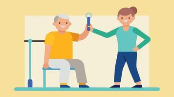 Senior Fitness Program A volunteer assisting a senior with limited mobility in a gentle exercise class using adaptive equipment like resistance bands.. vector