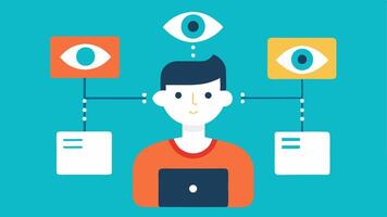 RealTime MultiTasking A splitscreen illustration showing a user managing tasks by switching focus between different applications using eyetracking technology effortlessly.. vector