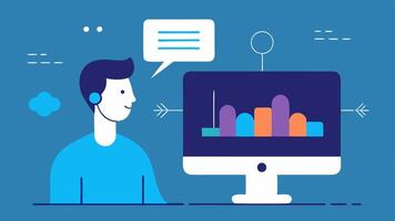Voice Commands An illustration of a user speaking to their computer with a visual representation of sound waves and a screen displaying commands being processed in realtime.. vector