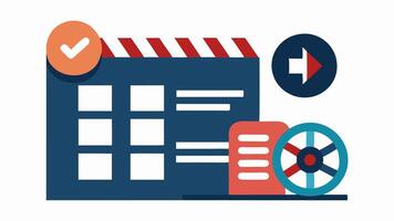 Movie Schedule with Accessibility Symbol A cinema schedule board displaying showtimes with highlighted films that offer closed captioning or audio descriptions.. vector