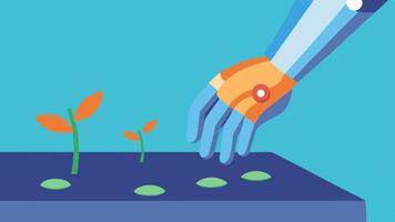 Robotic Gardening A bionic hand planting seeds in a small garden bed with soil being expertly handled demonstrating its grip and gentle touch.. vector