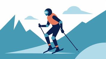 Skiing Experience A user in a robotic exoskeleton gliding down a snowy slope showing how the technology can assist in outdoor sports and activities.. vector