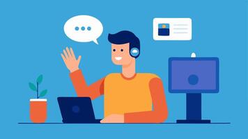 Voice Command Technology A person gesturing toward their smart assistant device on their desk directing it to perform tasks illustrating handsfree workplace assistance.. vector