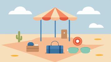 SensoryFriendly Area A section of the beach with a canopy providing shade soft mats underfoot and sensory tools like fidget spinners and noisereducing headphones on a small table.. vector