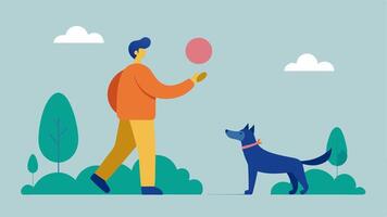 Pet Care A person plays fetch with a dog in a park using a bionic hand to throw the ball illustrating companionship and active engagement.. vector