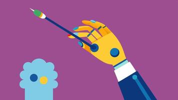 Precision Painting A bionic hand holding a fine paintbrush meticulously painting delicate strokes on a canvas with vivid colors blending seamlessly.. vector