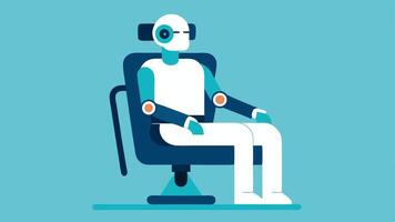 Sitting with Ease A user in a robotic exoskeleton sitting in a chair with the device seamlessly adjusting to provide comfort and support for mobility.. vector