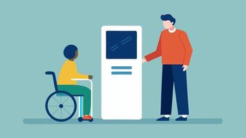 Information Kiosk Design an information kiosk with a touch screen at an accessible height where a traveler in a wheelchair is seeking assistance.. vector