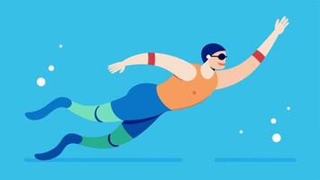 Swimming Confidently A swimmer with a specialized prosthetic arm gliding through the water illustrating their strong stroke and joyful expression as they compete in a pool.. vector