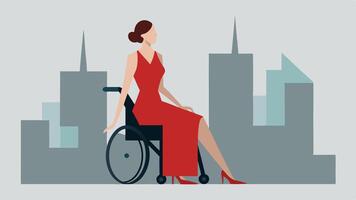 Seated Model A model in a chic wheelchair wearing a stylish asymmetrical dress that features discreet openings for ease of access set against an urban backdrop.. vector