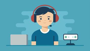 TechSavvy Gamer A young character with hearing aids intensely focused on a gaming console with visually engaging graphics displayed on the screen that highlight their achievements.. vector