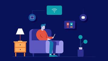 Living Room Control A person sitting in an armchair speaking to a smart device in the center of the room which simultaneously controls the lights TV and a smart thermostat.. vector