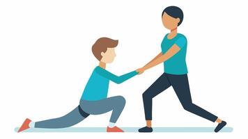 Guided Stretch An instructor assisting a participant in a modified lunge pose using a s for support showcasing gentle guidance and support.. vector