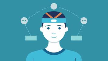 Neural Interface An illustration of a person with a headband featuring sensors connecting to a digital interface displaying brainwave data symbolizing mental control over devices.. vector