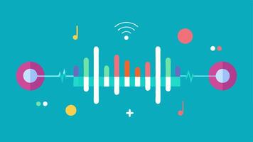 Sound Frequency Visualizer A graphic of a waveform meter with animated sound waves moving up and down. Icons of musical notes and soundwaves surround the meter depicting the apps. vector