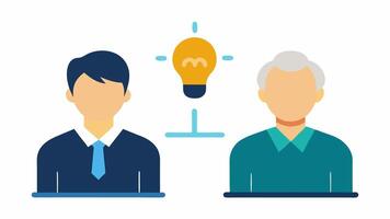 Mentorship Connection A pairing of a senior professional guiding a junior individual from a different background with a light bulb icon representing knowledge sharing.. vector