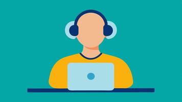 Hearing Assistance Device A person wearing a small hearing aid while participating in a virtual meeting on a laptop highlighting assistive devices for hearing.. vector