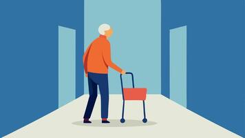 Walkers with Accessories An older adult walking in a hallway using a walker equipped with a seat and storage basket looking comfortable and supported.. vector