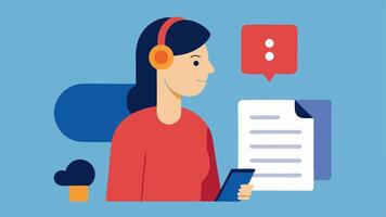 Journalist with a Hearing Aid A journalist wearing a hearing aid while conducting an interview using an accessible notepad that includes large print and bullet points.. vector