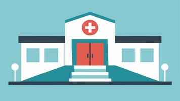 Ramp Entrance An illustration showing a hospital building with a wide ramp leading up to the entrance with a wheelchair symbol prominently displayed.. vector