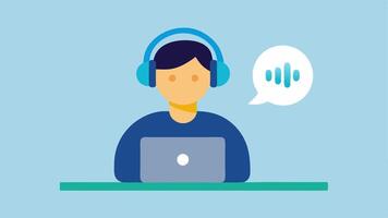 Screen Reader Interaction An illustration of a person with headphones on looking at a laptop. A sound wave icon emanates from the device showing that they are using a screen reader. vector