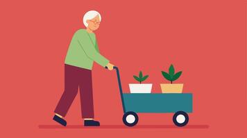Planter Boxes on Wheels A senior using a wheeled planter box to easily move pots around the garden highlighting mobility and convenience.. vector