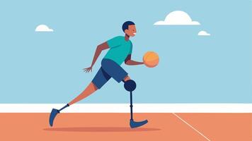 Playing Adaptive Basketball A person with a prosthetic leg skillfully dribbles a basketball on an outdoor court. Their focused expression and dynamic pose highlight the excitement. vector
