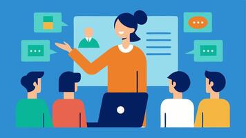Remote Leadership A person leading a virtual team meeting confidently pointing at a presentation screen while using a screen reader to deliver information clearly and effectively. vector