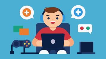 Inclusive Gaming A content creator with a speech disability playing a game using adaptive gaming controllers excitedly interacting with their online audience via a live. vector