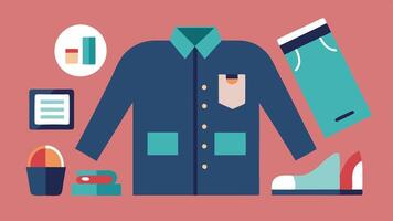 Trendy Adaptations A topdown view of a dressing table showcasing fashionable clothing adaptations including a jacket with magnetic buttons and shoes with easyaccess features. vector