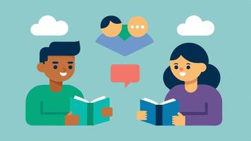 Peer Support A buddy system displayed where a student helps another with reading using flashcards promoting collaboration and support within the diverse group.. vector