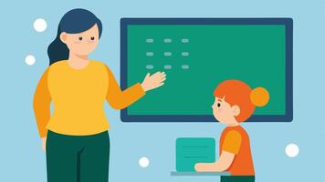Teacher and Student A teacher guiding a student using a Braille display in a classroom with educational materials and a chalkboard in the background emphasizing learning.. vector