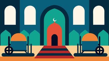 Prayer Mats A diverse range of prayer mats laid out in front of a mosque designed for ease of use for individuals with different mobility needs including larger spaces for. vector