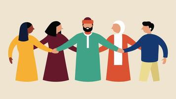 Interfaith Service A group of representatives from different faithsChristianity Judaism Islam and Hinduismholding hands and standing together in a circle at a community service. vector