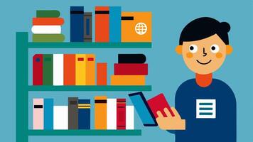 Multilingual Resources A bookshelf filled with books in multiple languages prominently featuring a person browsing them with a smiling expression showcasing linguistic diversity.. vector