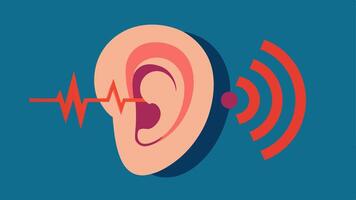 Hearing Aid A closeup of an ear with a hearing aid alongside sound wave graphics to represent enhanced hearing.. vector